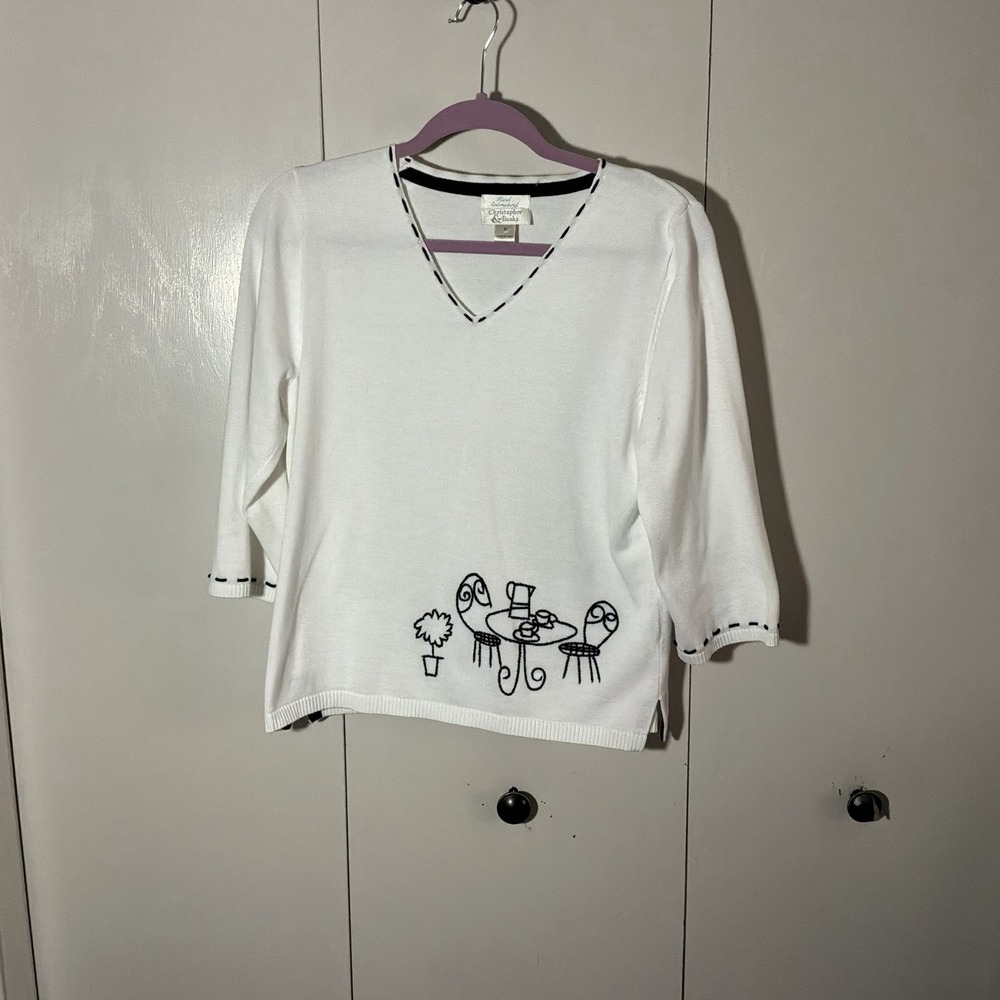 Christopher & Banks White Hand Embroidered Medium 3/4 Sleeve‎ Sweater 17x21